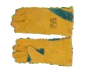 Yellow welding glove with green reinforced palm, elbow length 8"